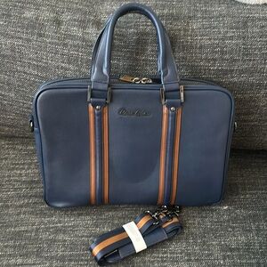 Robert Graham men’s laptop brief case in navy blue and brown leather.